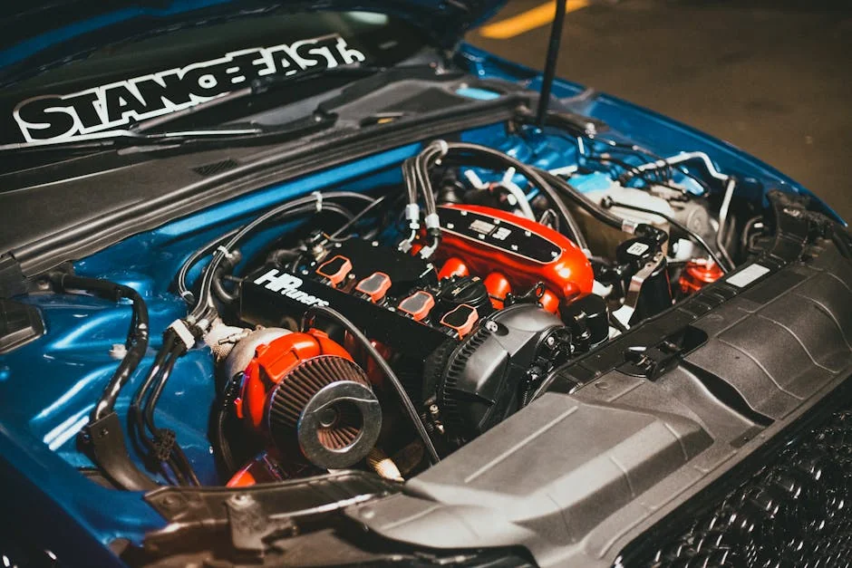 Detailed view of a customized car engine with performance modifications. - benefits of cold air intake systems