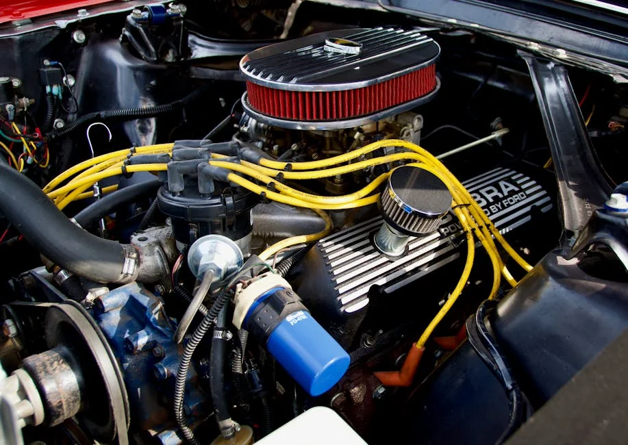 Detailed close-up of a Ford engine showcasing components and vibrant wiring. - benefits of cold air intake systems