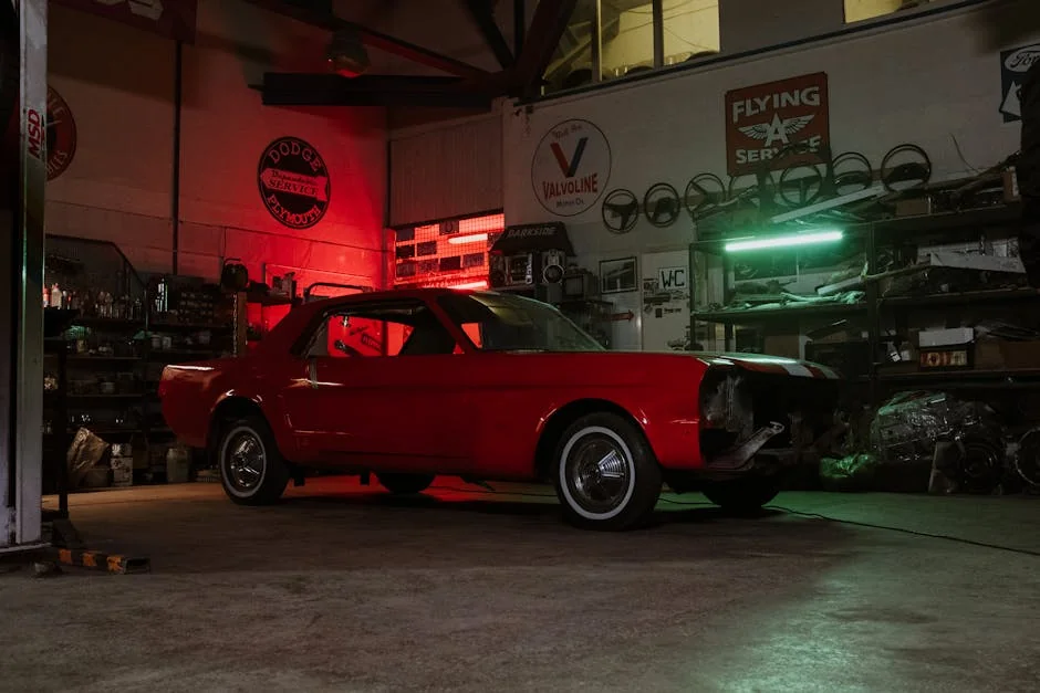 Vintage red car in an atmospheric auto shop with neon lights and vintage signs. - best affordable project cars for beginners