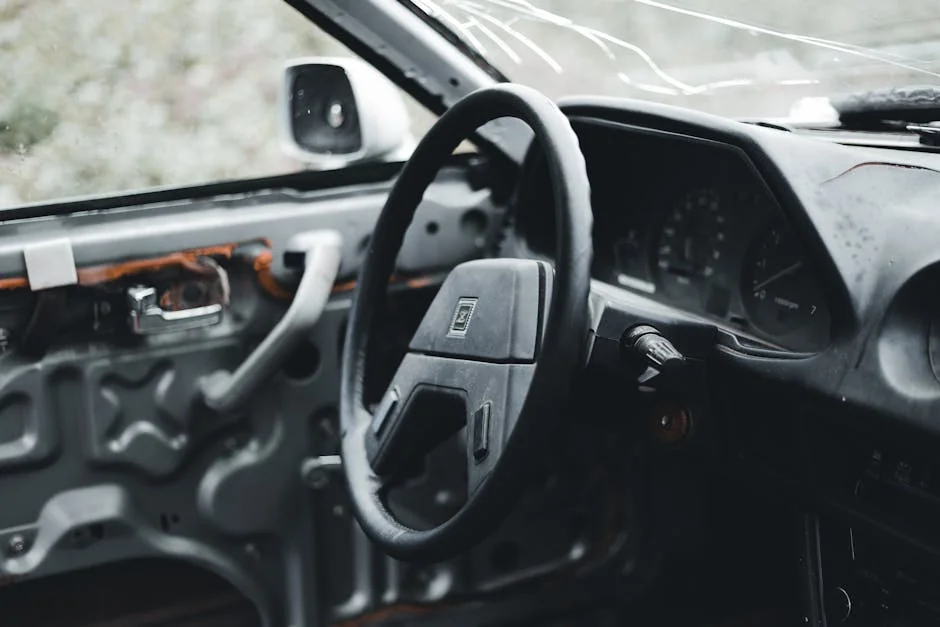 Close-up of a car's interior showing an exposed door and dashboard with a focus on the steering wheel. - best affordable project cars for beginners