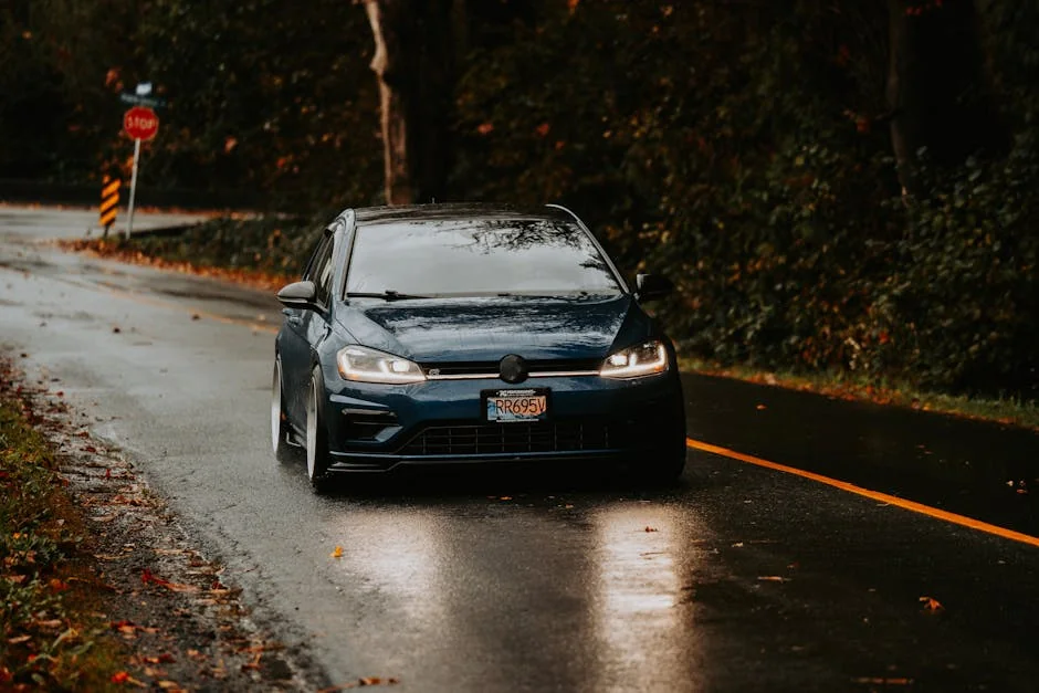 Blue car driving on a wet road on a rainy autumn day, surrounded by trees. - best coilovers for daily driving