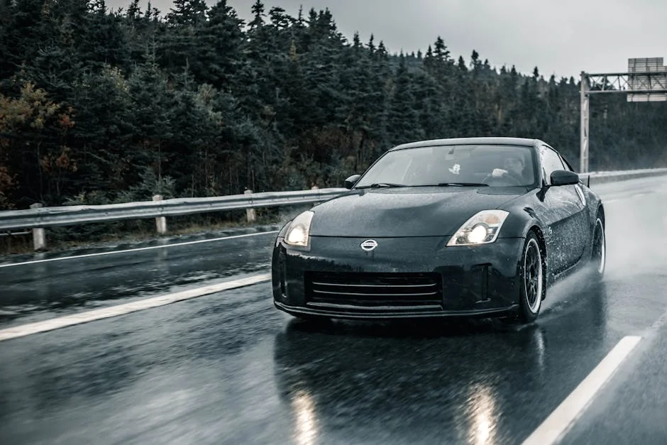 Nissan sports car speeding on wet road through a forested highway after rain. - best coilovers for daily driving