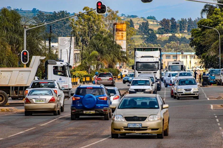 Traffic scene in Mankayane, Eswatini, featuring cars and trucks under a clear sky. - best coilovers for daily driving