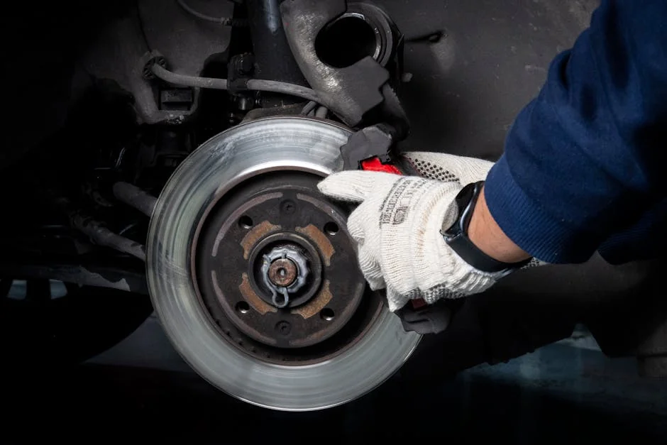 Mechanic working on car brake system in a workshop setting. - brake pad replacement cost guide