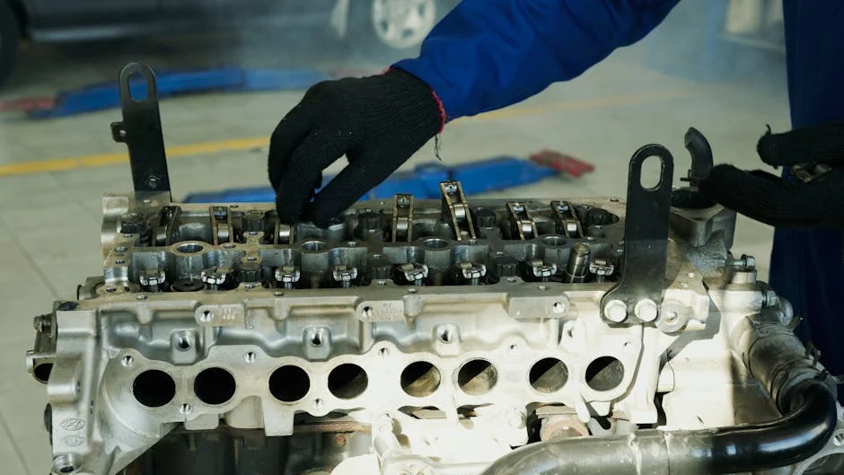 Close-up of a mechanic inspecting an engine for maintenance and repair in a workshop. - signs of a failing head gasket