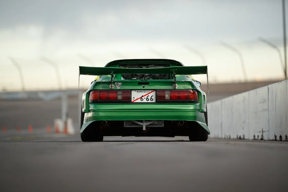 Rear view of a parked classic green sports car on a racetrack. - street legal track day cars