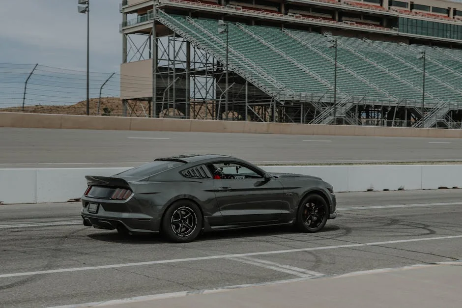 A dark sports car driving on an empty race track next to grandstands. - street legal track day cars