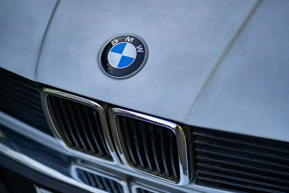 Detailed shot of BMW car emblem focusing on its iconic grille and logo. - is it worth buying a high mileage bmw