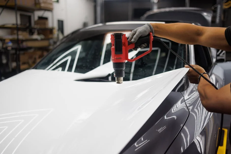 Worker applying a car wrap using a heat gun for precise adhesion. - how to wrap a car at home