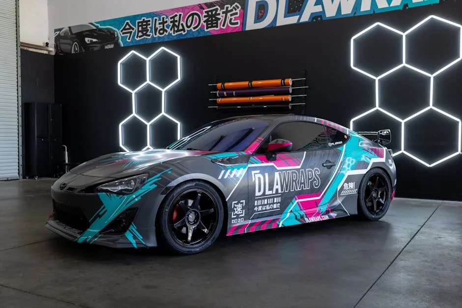 Dynamic photo of a sleek sports car with colorful custom vinyl wrap by DLA Wraps in a shop setting. - how to wrap a car at home