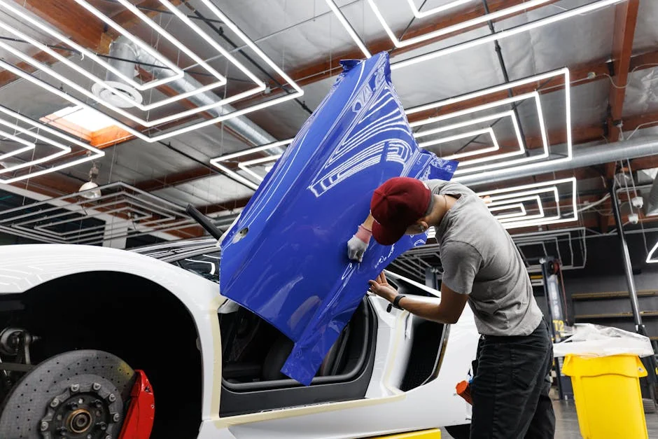 Auto mechanic applying blue vinyl wrap to a car door in a modern garage. - how to wrap a car at home