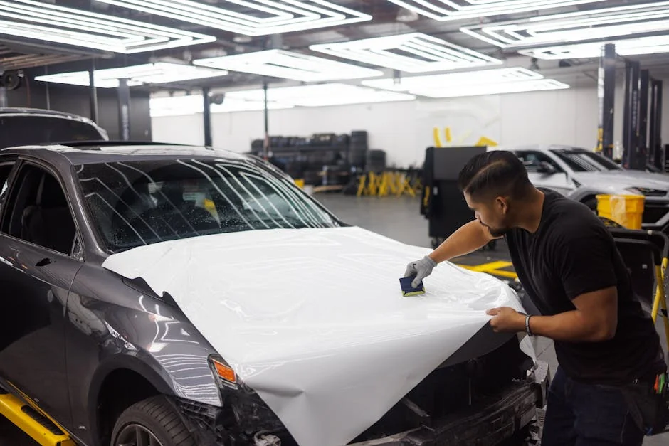 Man applying vinyl wrap on car hood in an automotive workshop setting. - how to wrap a car at home