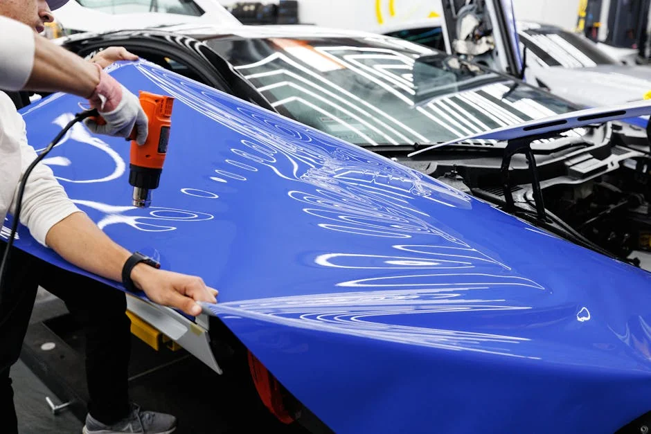 A technician uses a heat gun to carefully apply a blue vinyl wrap to a car in an auto workshop. - how to wrap a car at home